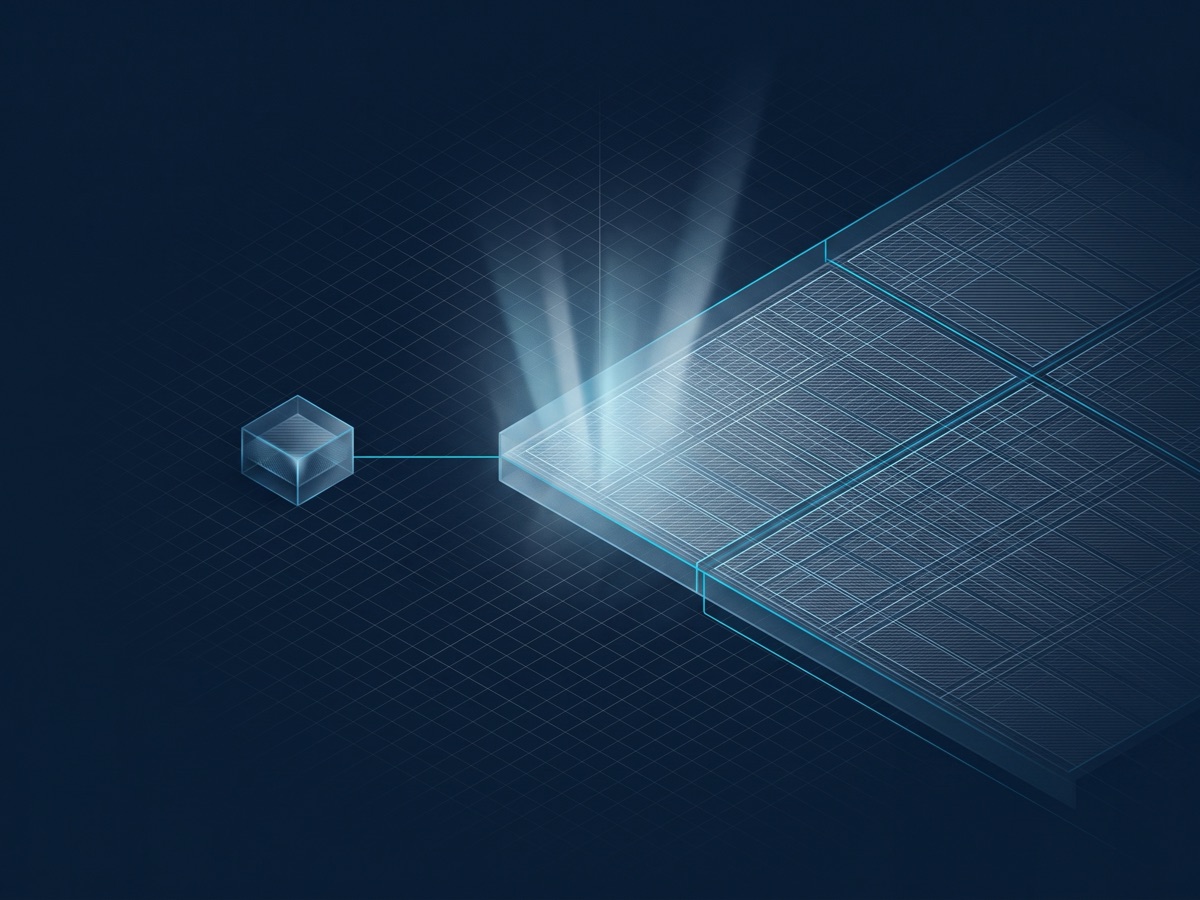 An abstract illustration of a scene being reconstructed from a grid of structured visual detail.